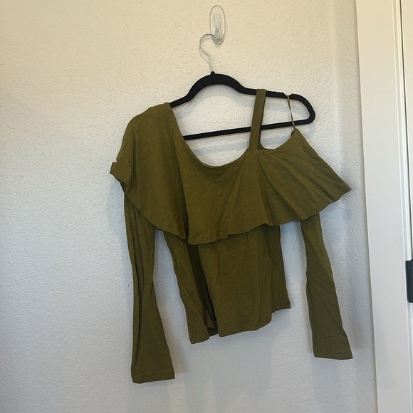 Anthropologie Postmark Olive Green One Shoulder Ruffle Long Sleeve Top Shirt Sm - Picture 5 of 7